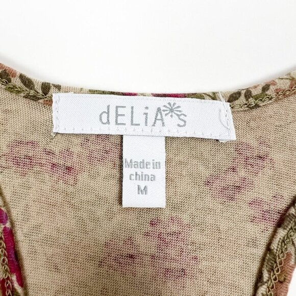 dELiA*s Tank Top Women's Size M Tan Red Olive Floral Print Asymmetrical Hem Boho - Picture 5 of 10